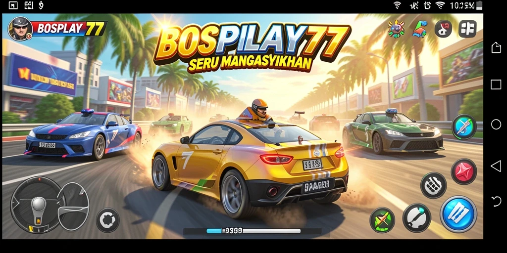 Tampilan utama gameplay balapan di BOSPLAY77 dengan kendaraan melaju kencang.