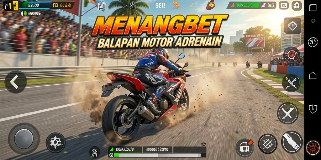 Tangkapan gameplay MENANGBET yang menunjukkan balapan motor yang seru.